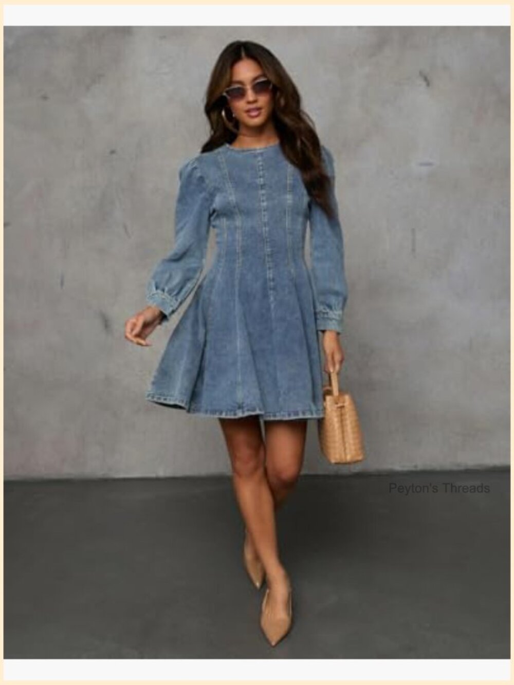 Long Sleeve Denim Mini Dress Stretchy Slim Fit Ruffle Swing A Line Jean Dress - Picture 5 of 7